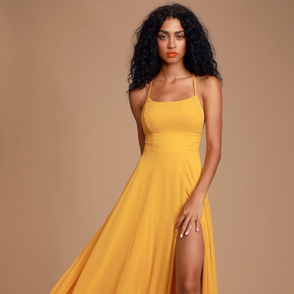 *Like New* Dreamy Romance Mustard Yellow Backless Maxi Dress from Lulus